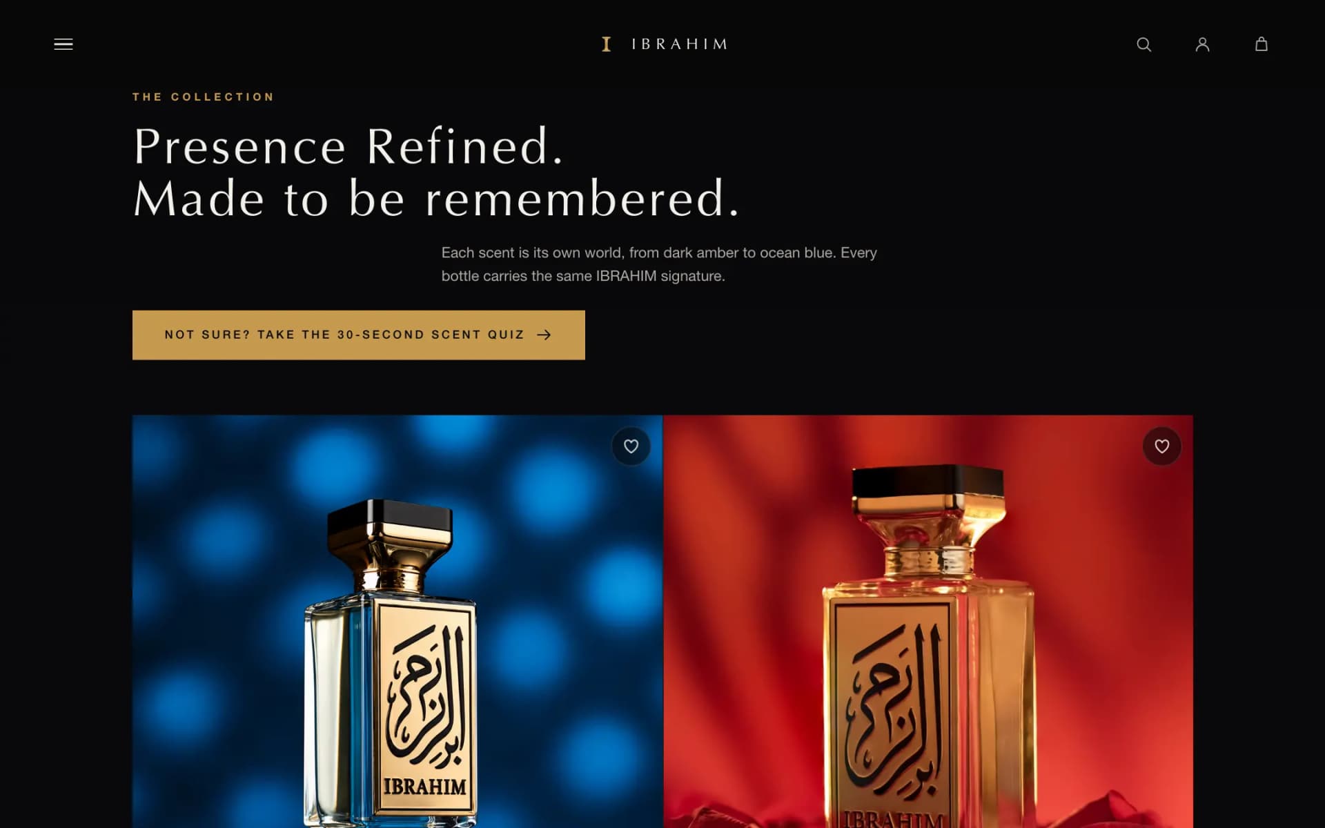 'The Collection' section with the heading 'Presence Refined. Made to be remembered.', a gold scent-quiz button, and the first row of the product grid showing Blue Chill on a blue background and Glamorous on red