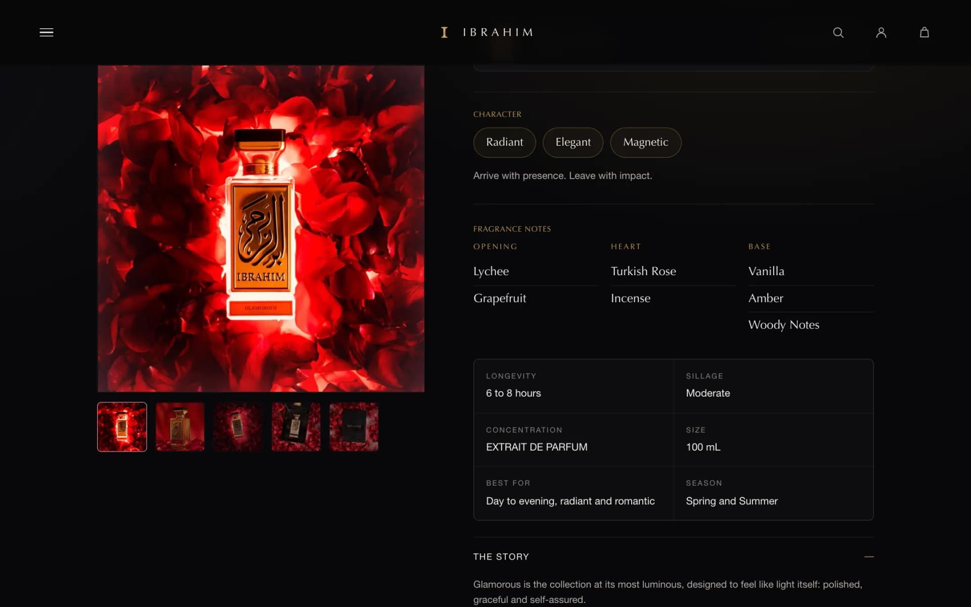 Glamorous product page: sticky image gallery with thumbnails on the left; on the right, character tags (Radiant, Elegant, Magnetic), fragrance notes in Opening, Heart and Base columns, and a table for longevity, sillage, concentration, size, best-for and season
