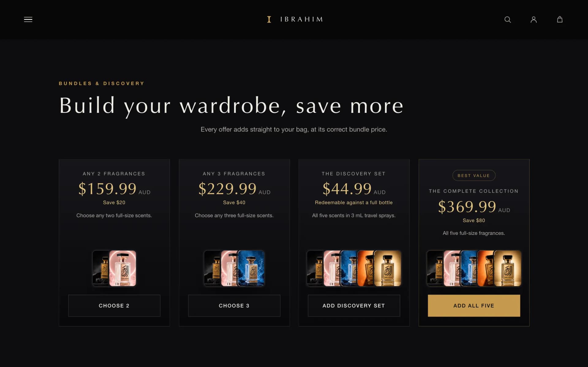 'Bundles & Discovery' section headed 'Build your wardrobe, save more', with four offer cards: any two fragrances, any three, the Discovery Set and the Complete Collection marked Best Value