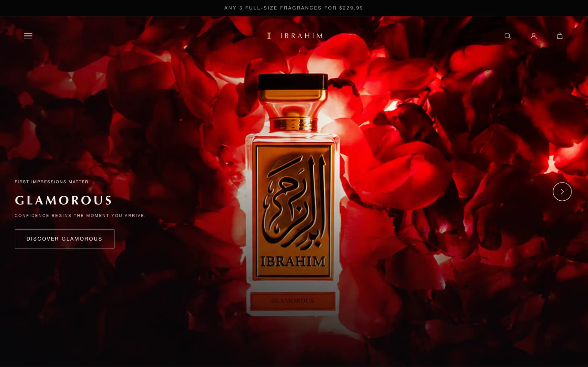Full-bleed hero carousel on the Glamorous slide: a gold IBRAHIM perfume bottle with Arabic calligraphy set against glowing red rose petals, with the 'Glamorous' title, tagline and 'Discover Glamorous' button on the left
