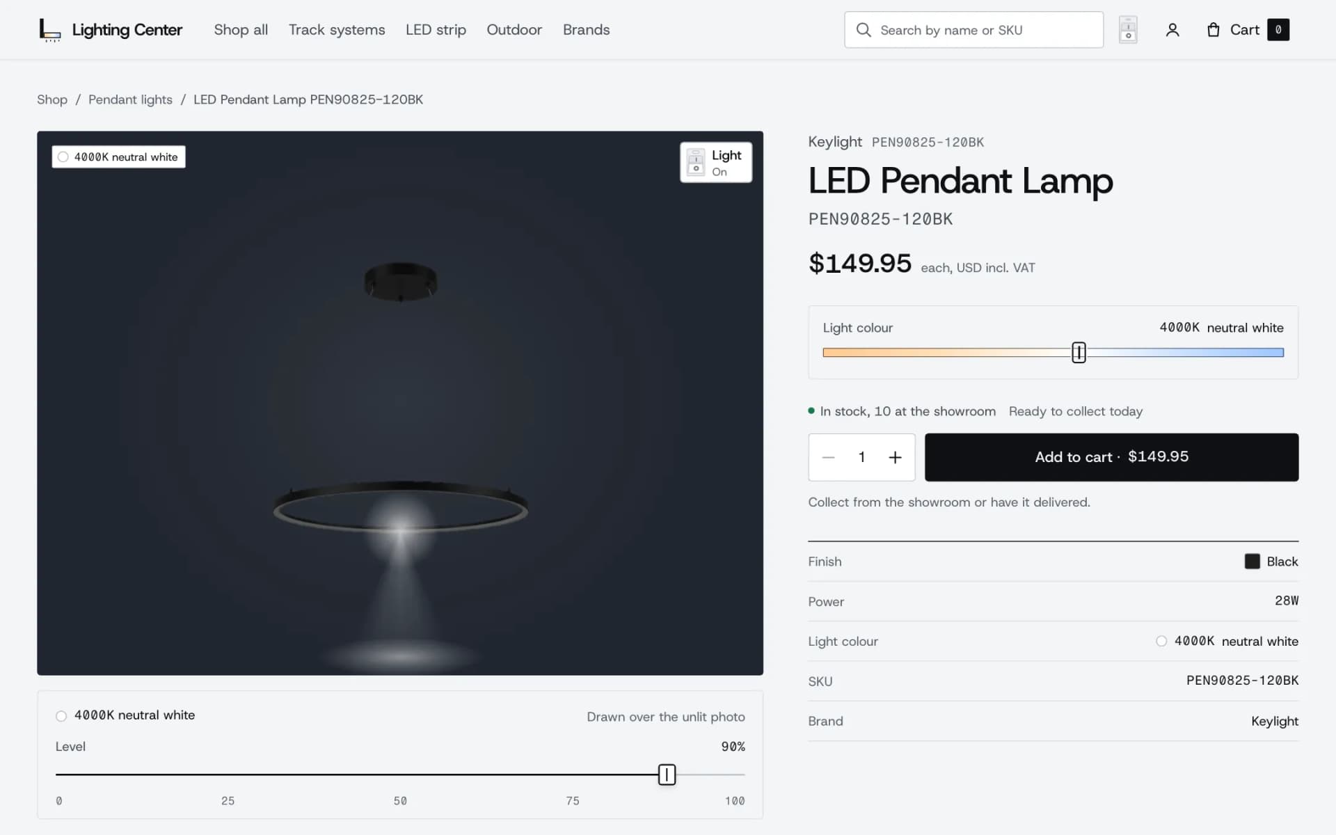 Product page for the Keylight LED Pendant Lamp at $149.95 including VAT, with the photo switched to Light On so the ring glows at 4000K neutral white on a dark background, a level slider, showroom stock and an Add to cart button