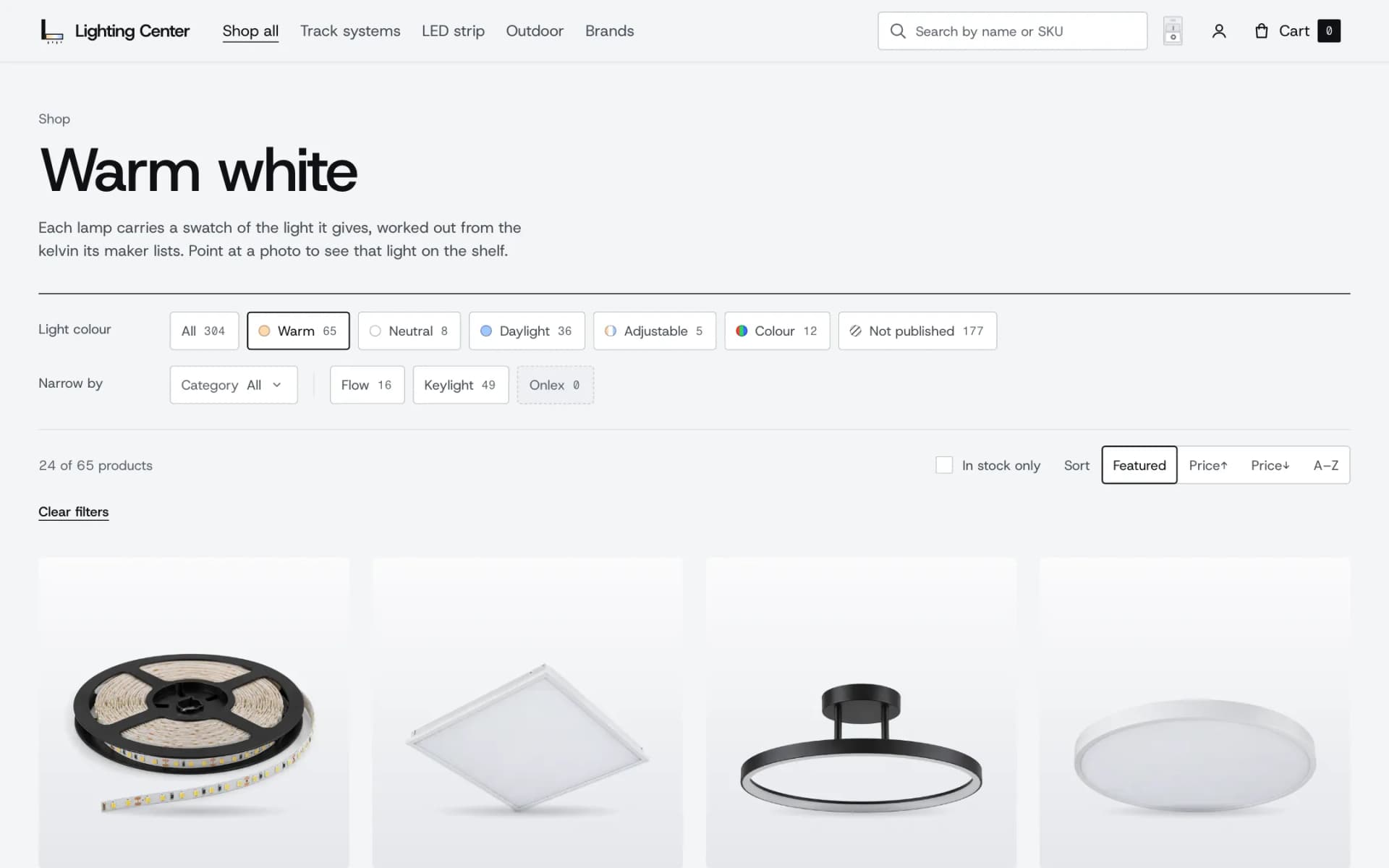 Warm white catalogue page with light colour filters (Warm, Neutral, Daylight, Adjustable, Colour), brand filters for Flow, Keylight and Onlex, sort buttons and the first row of product photos