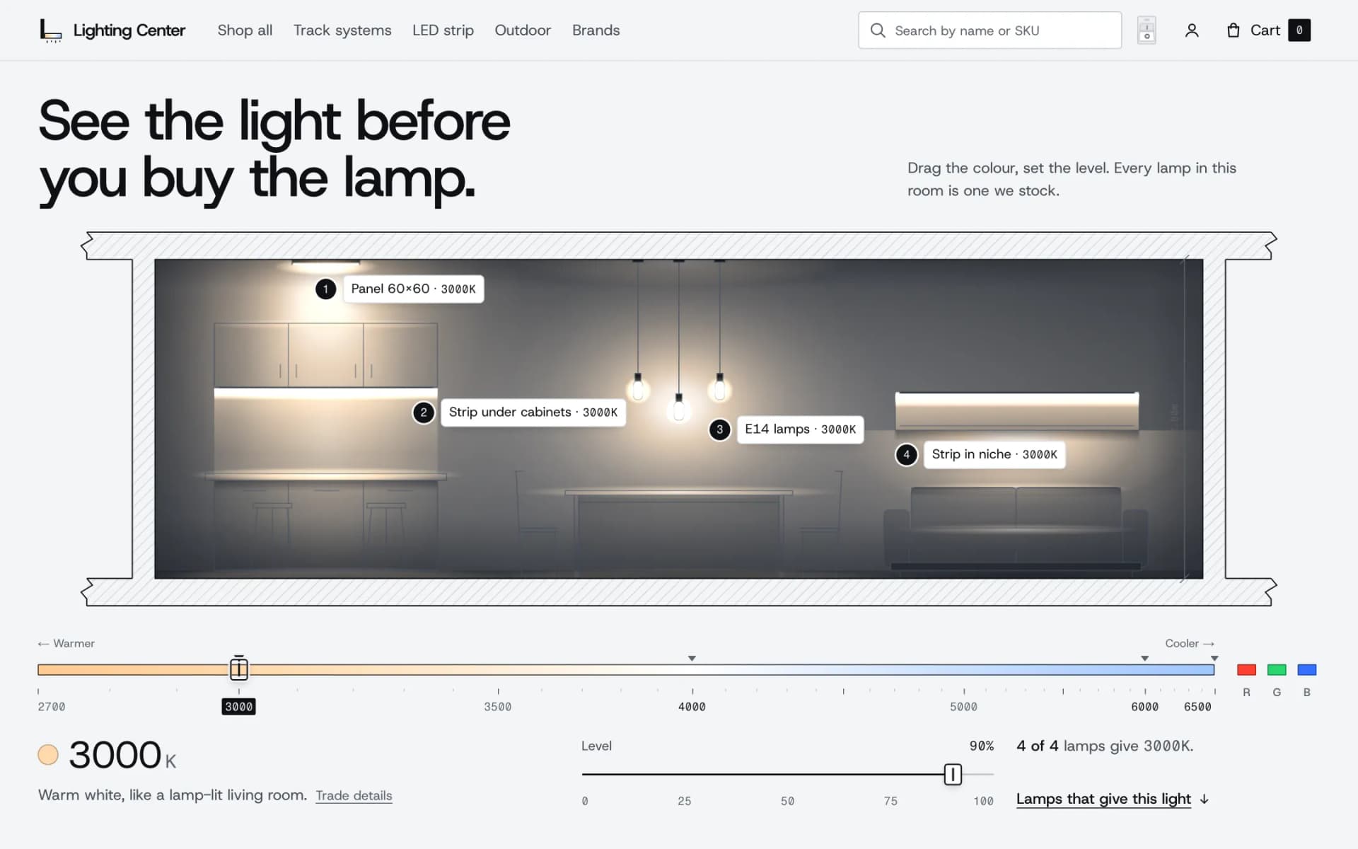 Lighting Center homepage hero: the heading 'See the light before you buy the lamp.' above a drawn cross-section of a kitchen and living room lit at 3000K warm white, with numbered labels for a 60×60 panel, a strip under the cabinets, E14 lamps and a strip in a niche, and a warmer-to-cooler colour slider set to 3000K below it