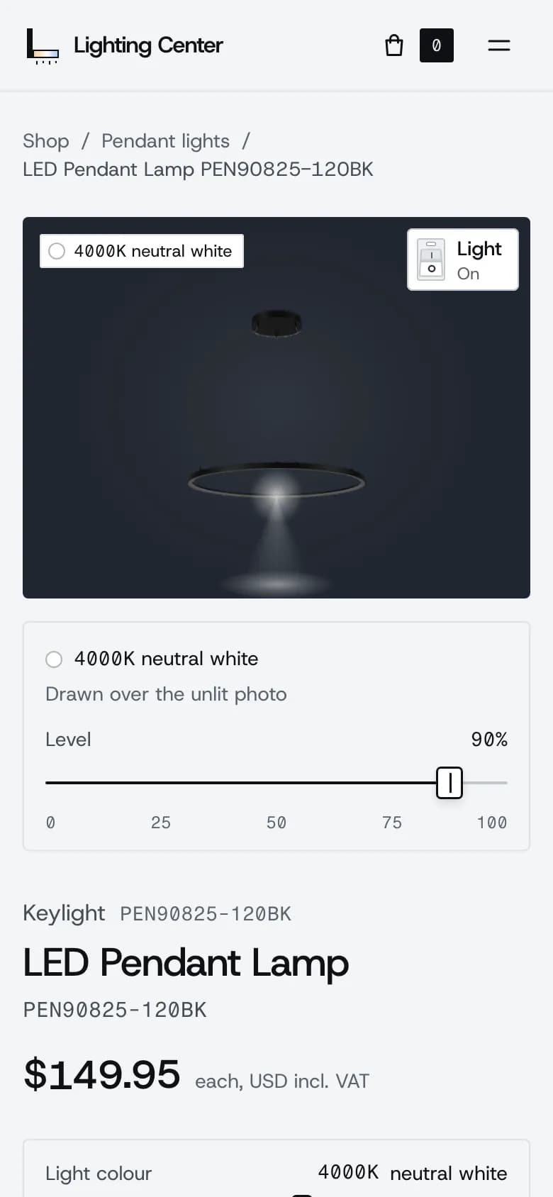 Mobile product page for the LED Pendant Lamp with its light switched on over a dark photo, a 4000K neutral white label and a level slider