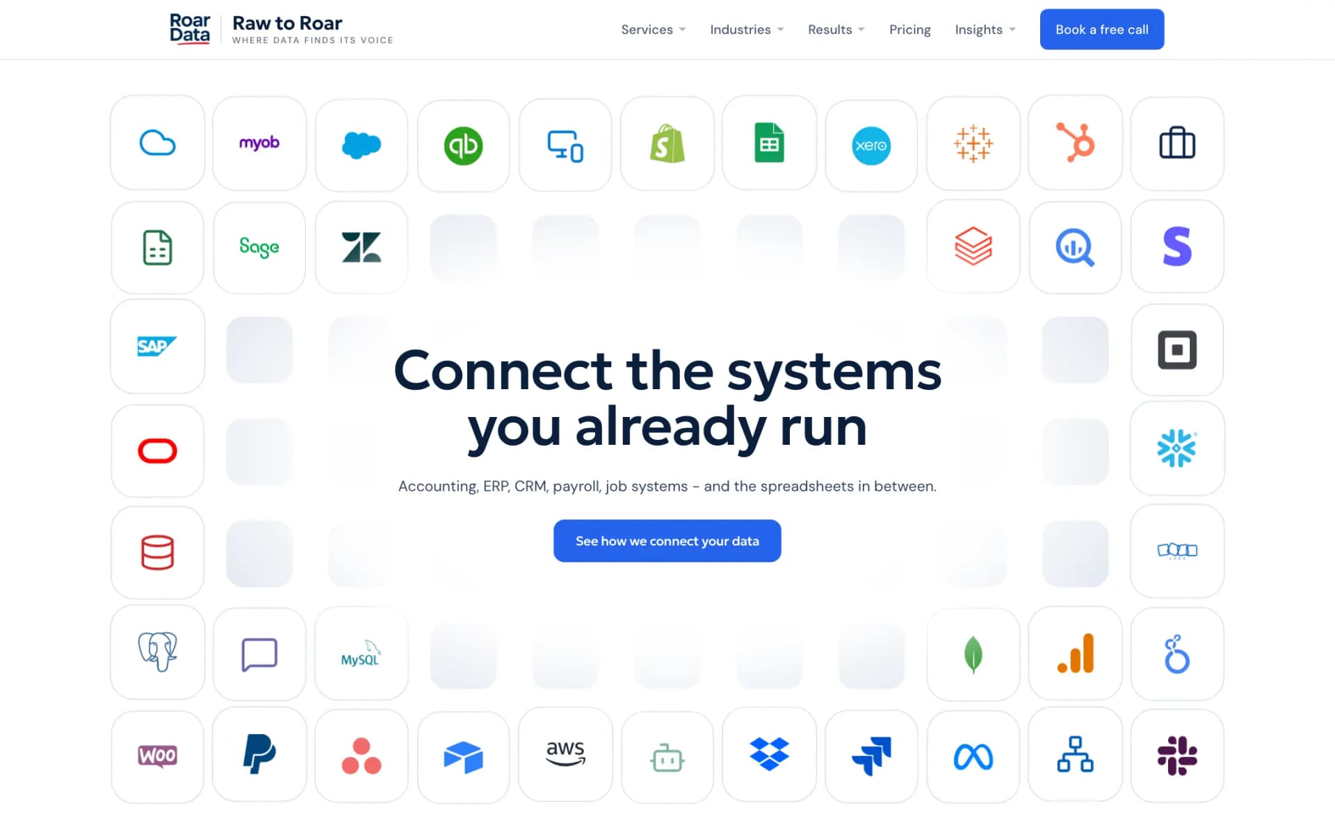 Integrations section: the heading 'Connect the systems you already run' and a blue button framed by a grid of rounded tiles with logos of accounting, CRM, e-commerce, ERP and cloud systems