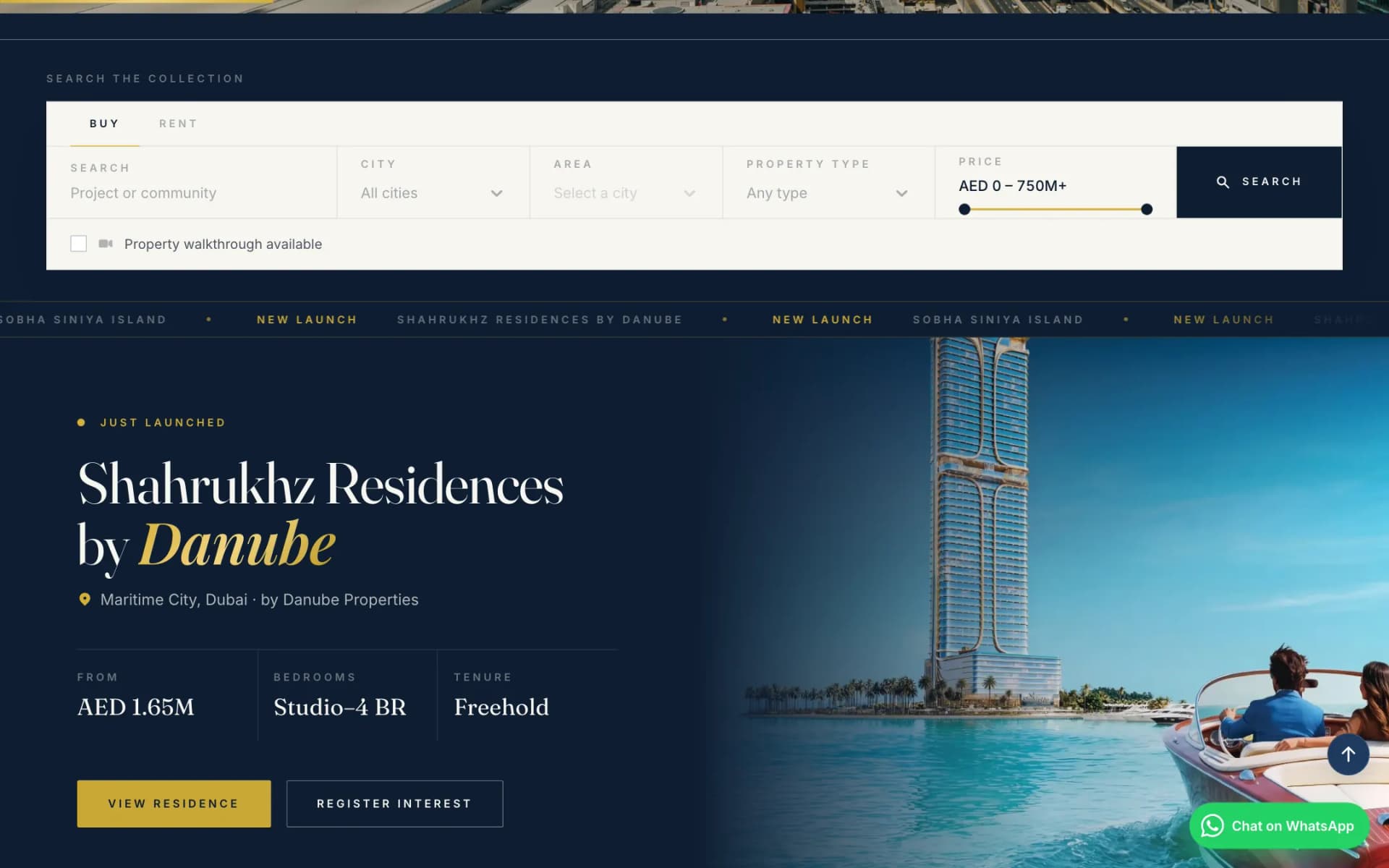 Homepage property search bar (Buy/Rent tabs, city, area, property type and price range fields) on a navy band, above a New Launch showcase for a Danube residential tower with price, bedrooms and tenure, a gold View Residence button, and a photo of the tower and a speedboat