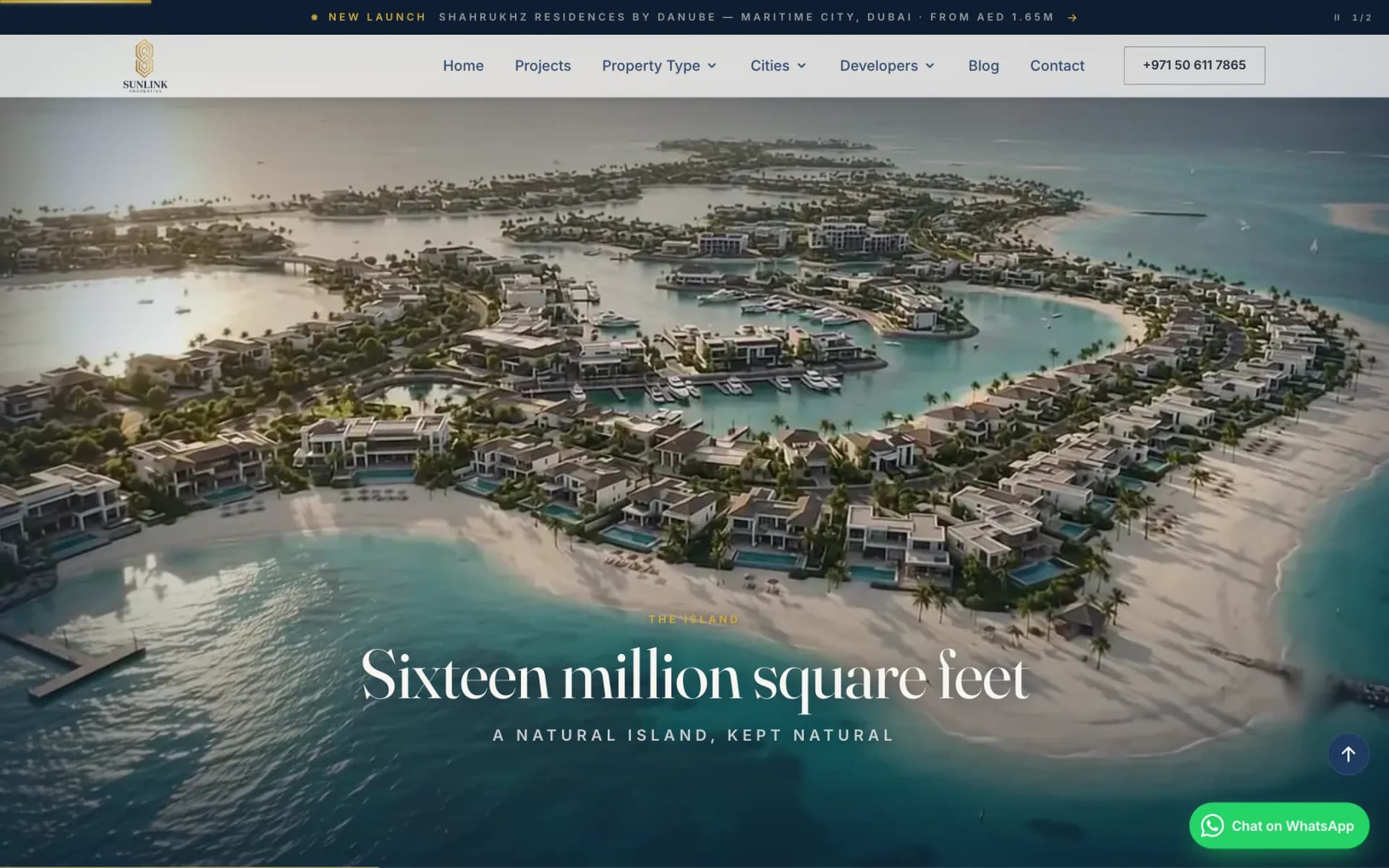 Sobha Siniya Island scroll film frame: aerial view of the island's villas, lagoons and white-sand beaches, captioned 'The Island' and 'Sixteen million square feet'