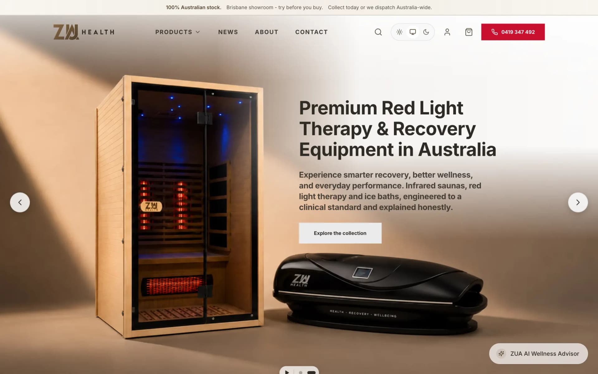 ZUA Health homepage hero: a timber infrared sauna with blue interior lighting beside a black red-light therapy bed, the headline 'Premium Red Light Therapy & Recovery Equipment in Australia' and an 'Explore the collection' button, under a cream announcement bar and navigation with a red phone-number button
