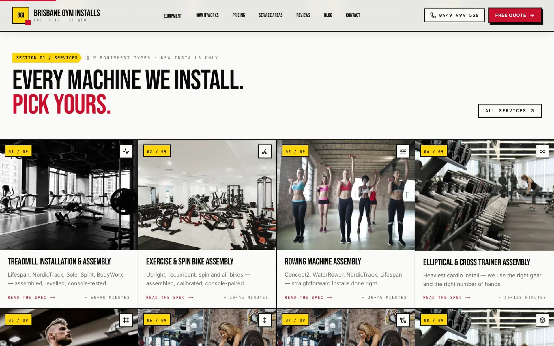 Services section: headline 'Every machine we install. Pick yours.' above a four-column grid of numbered equipment cards with gym photos for treadmill, exercise bike, rowing machine and elliptical installation