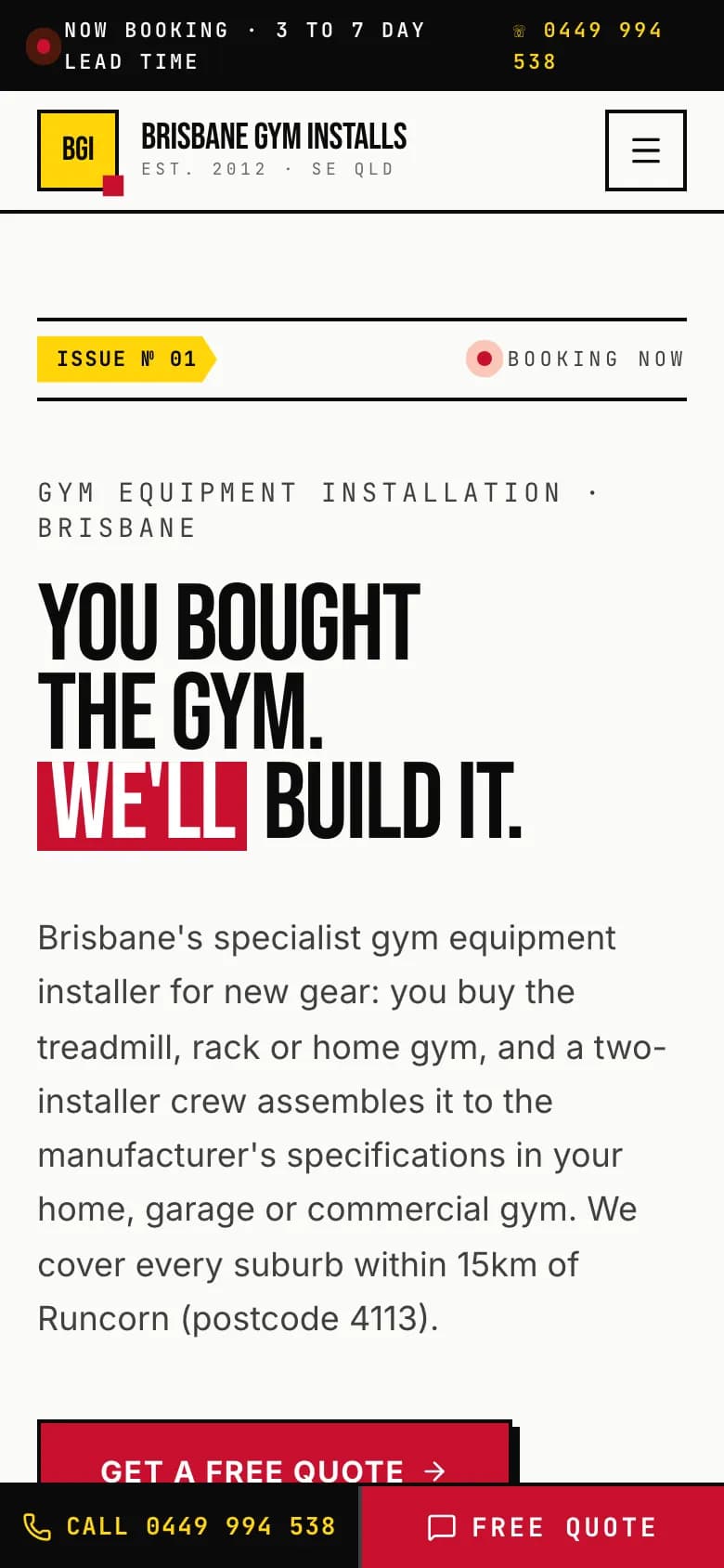 Mobile homepage hero with a black booking strip, yellow BGI logo header, the 'You bought the gym. We'll build it.' headline and a sticky Call / Free Quote bar at the bottom