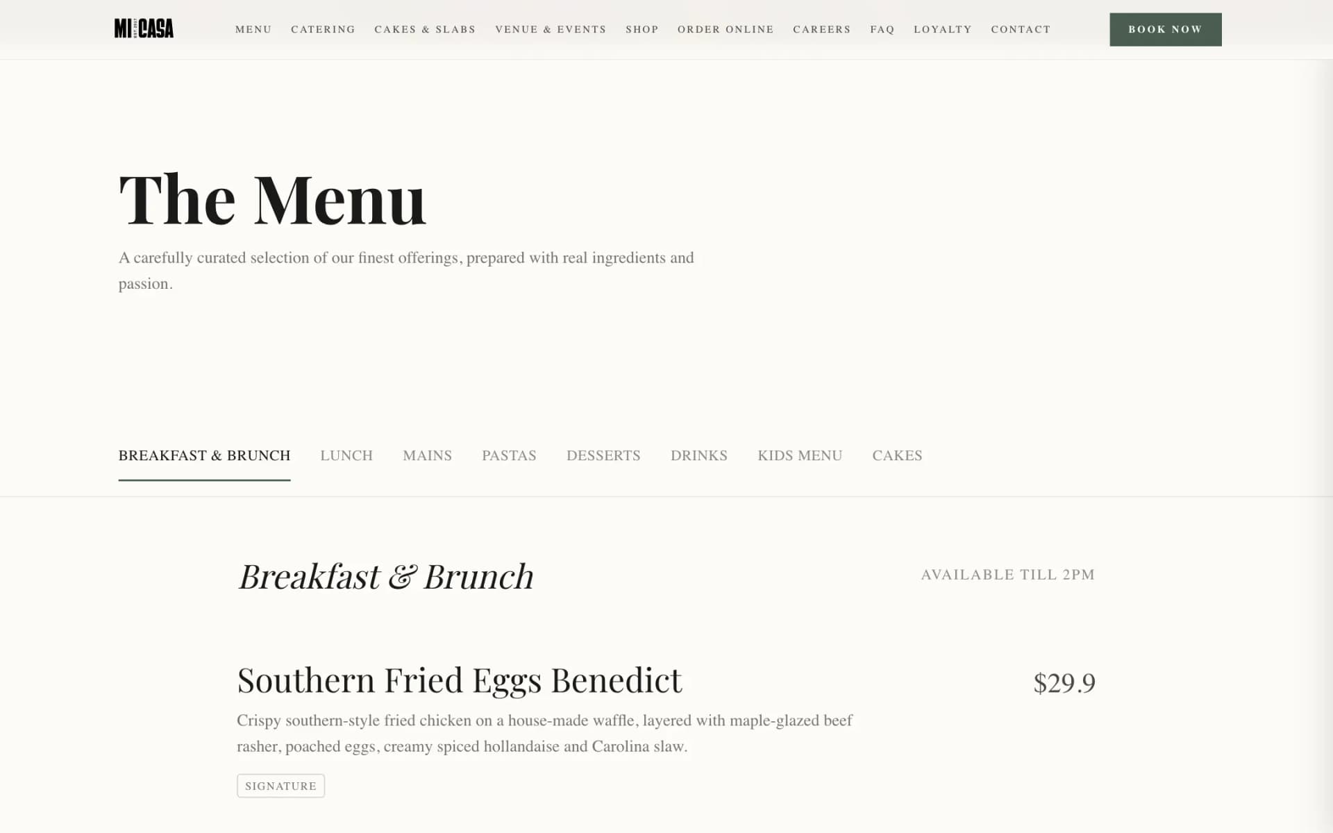 Menu page with a large serif 'The Menu' heading, a row of category tabs (Breakfast & Brunch underlined, Lunch, Mains, Pastas, Desserts, Drinks, Kids Menu, Cakes) and the start of the Breakfast & Brunch list