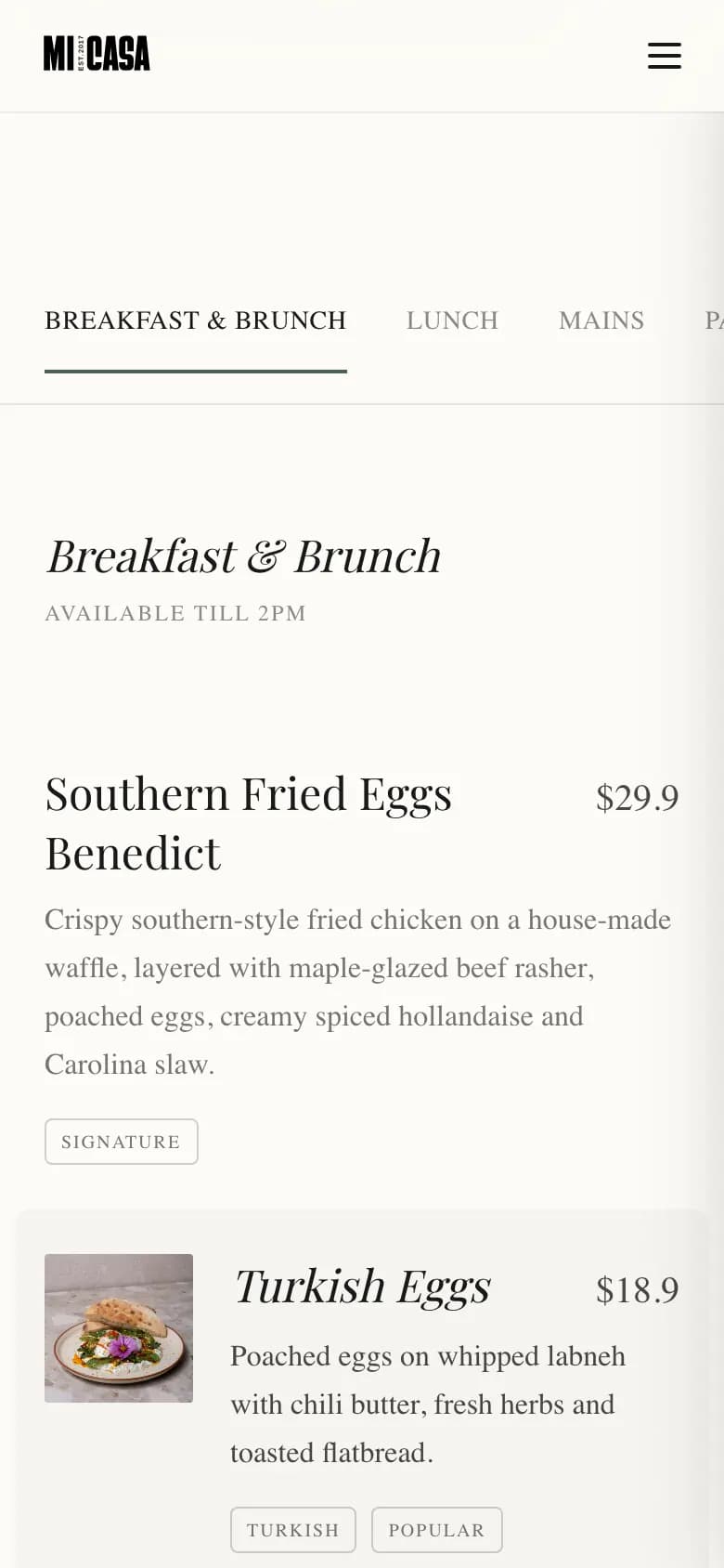 Mobile menu page with horizontally scrolling category tabs (Breakfast & Brunch active) above menu items with small food photos and Turkish and Popular tags