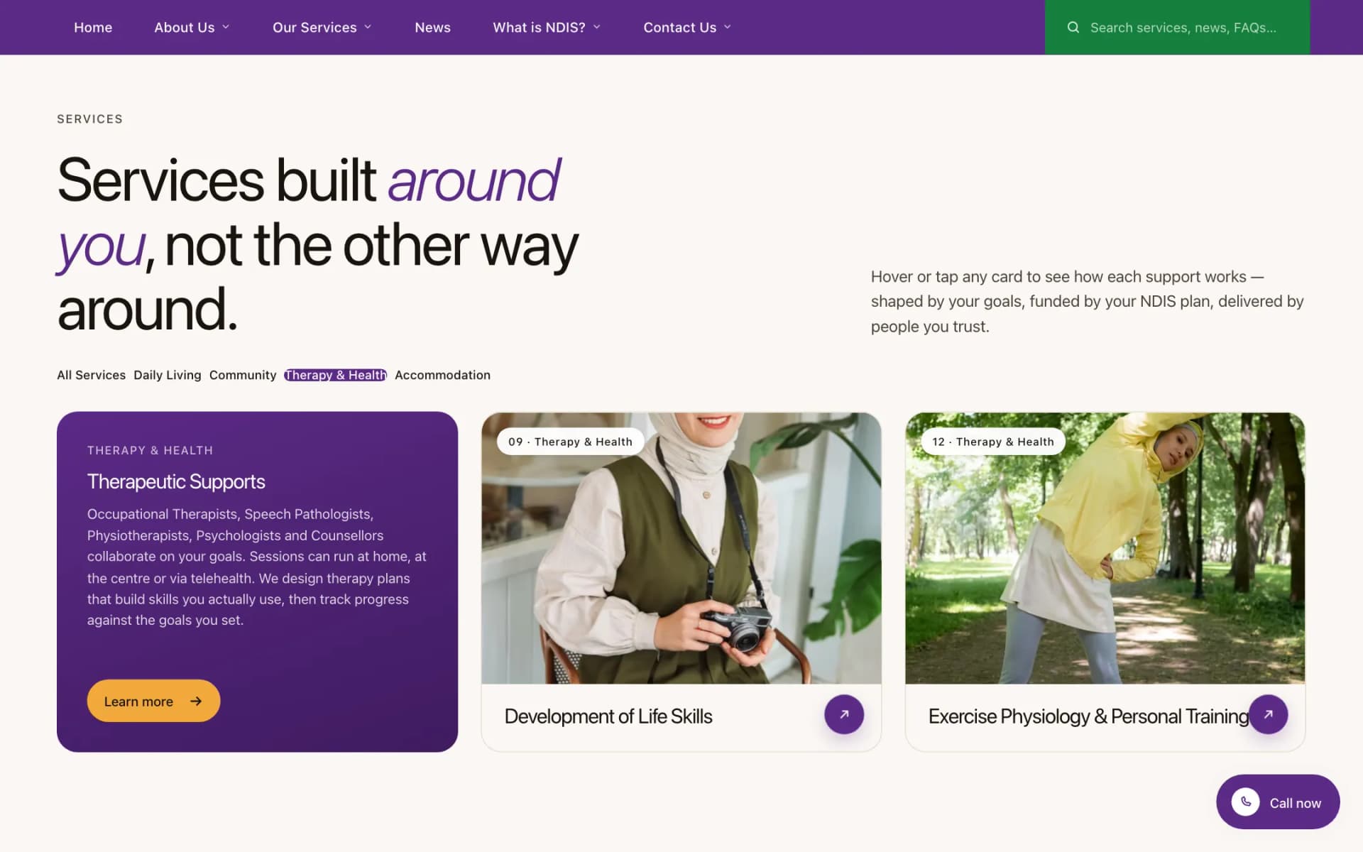 Services section headed 'Services built around you, not the other way around.' with the Therapy & Health filter active; the Therapeutic Supports card is flipped to show its purple description panel and 'Learn more' button beside photo cards for other services