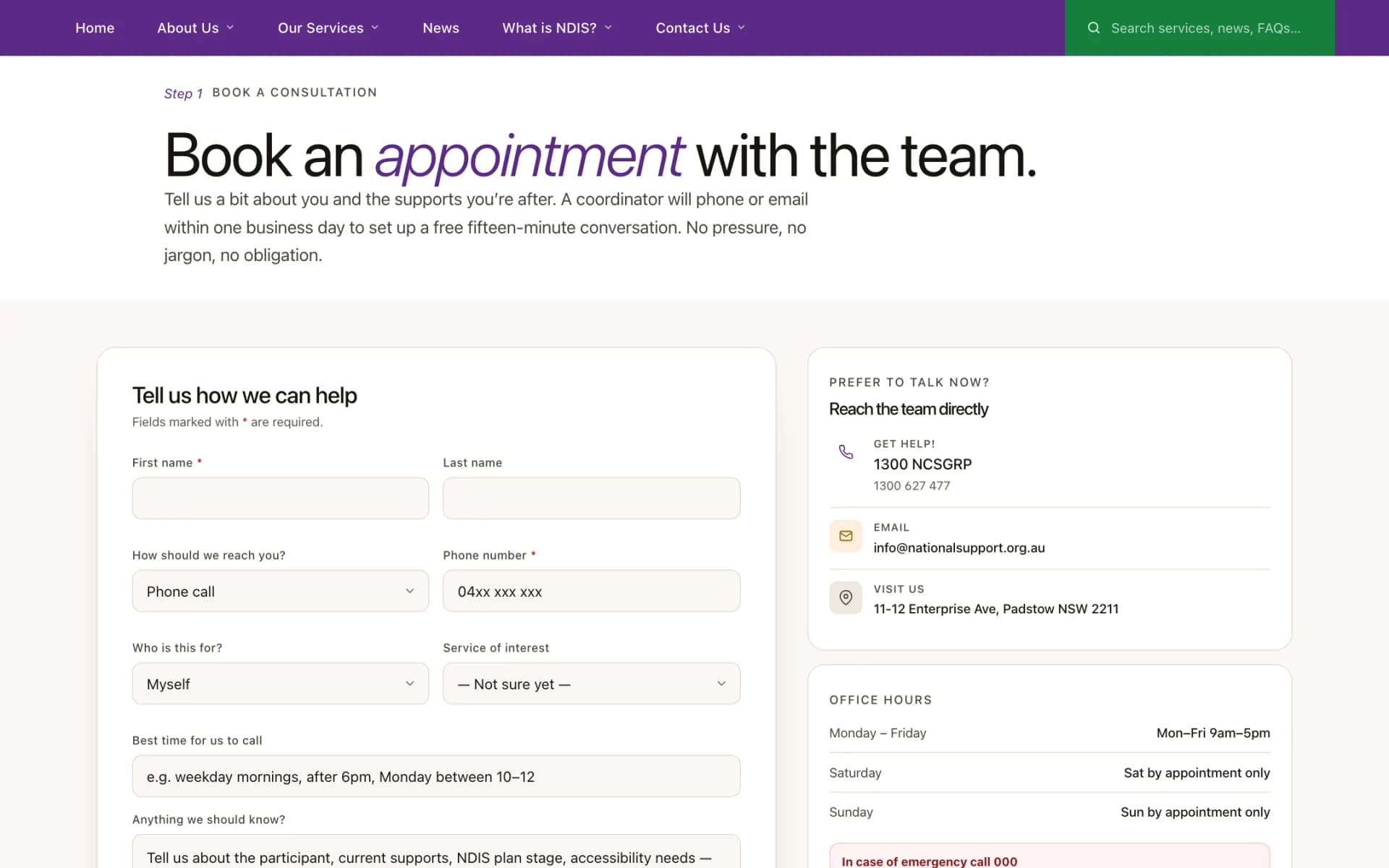 Booking page headed 'Book an appointment with the team.' showing an empty consultation form with name, contact method, phone and service fields, next to cards for phone, email, office address and office hours