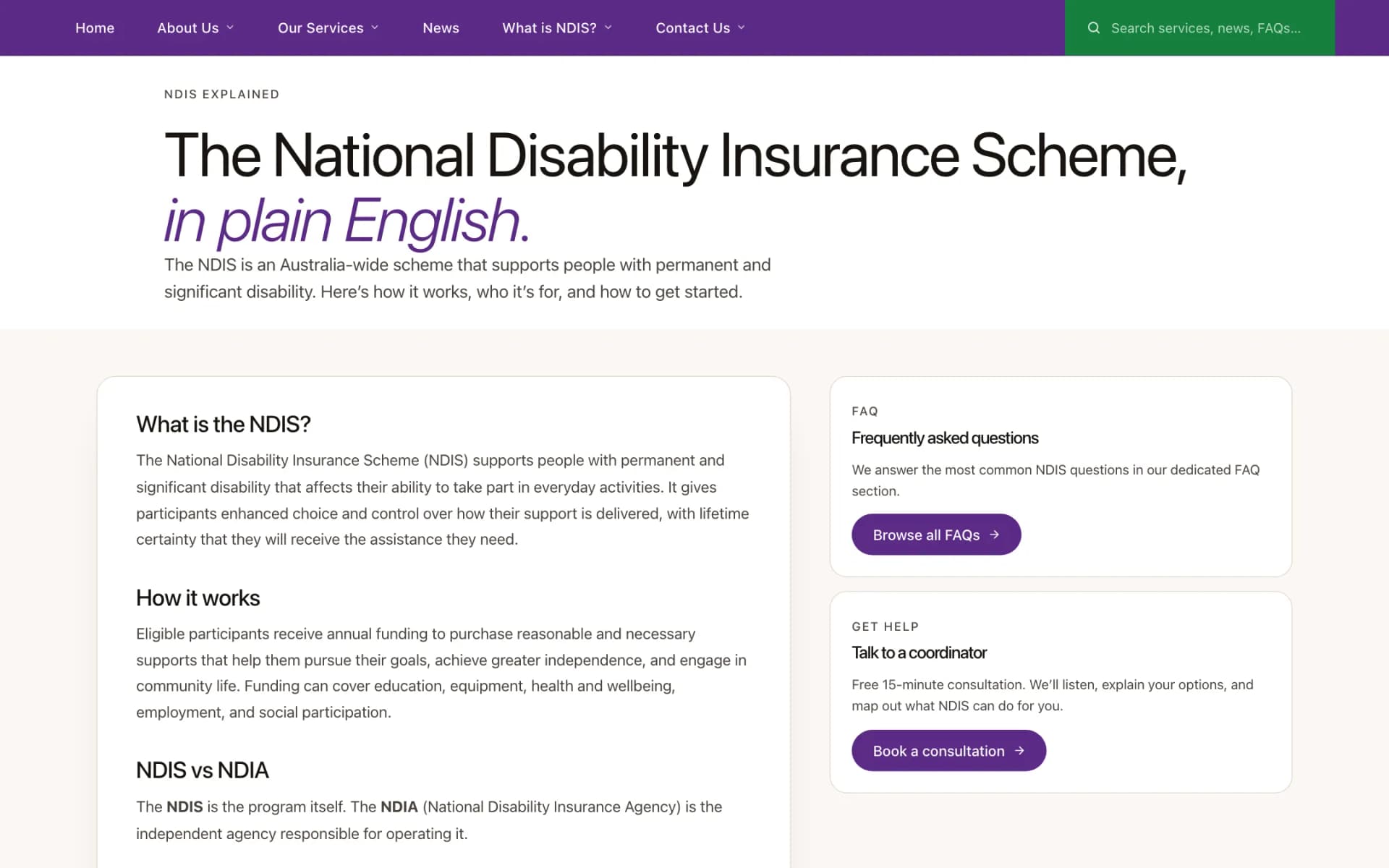 NDIS explainer page headed 'The National Disability Insurance Scheme, in plain English.' with sections 'What is the NDIS?', 'How it works' and 'NDIS vs NDIA', and side cards linking to the FAQs and a free consultation