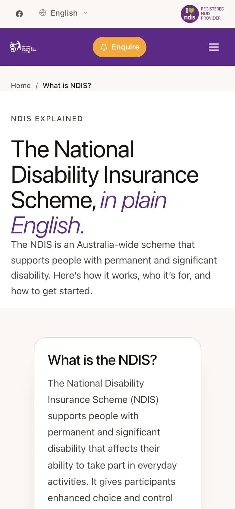 Mobile NDIS explainer page with breadcrumb, the headline 'The National Disability Insurance Scheme, in plain English.', an intro paragraph and the start of the 'What is the NDIS?' card