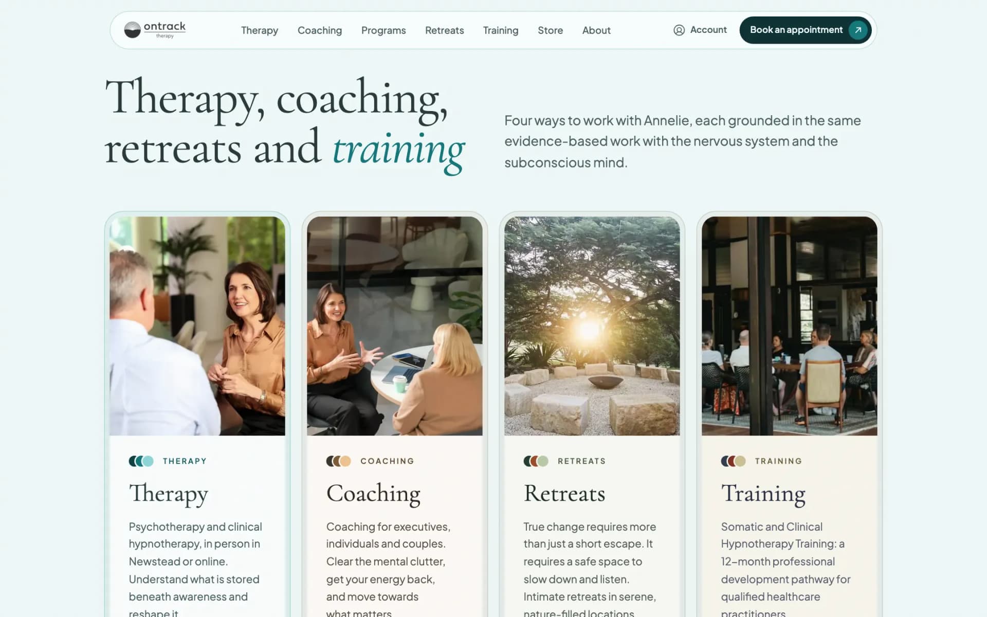 Homepage section headed 'Therapy, coaching, retreats and training' with four tall photo cards side by side: Therapy, Coaching, Retreats and Training, each with a colour-coded label and short description