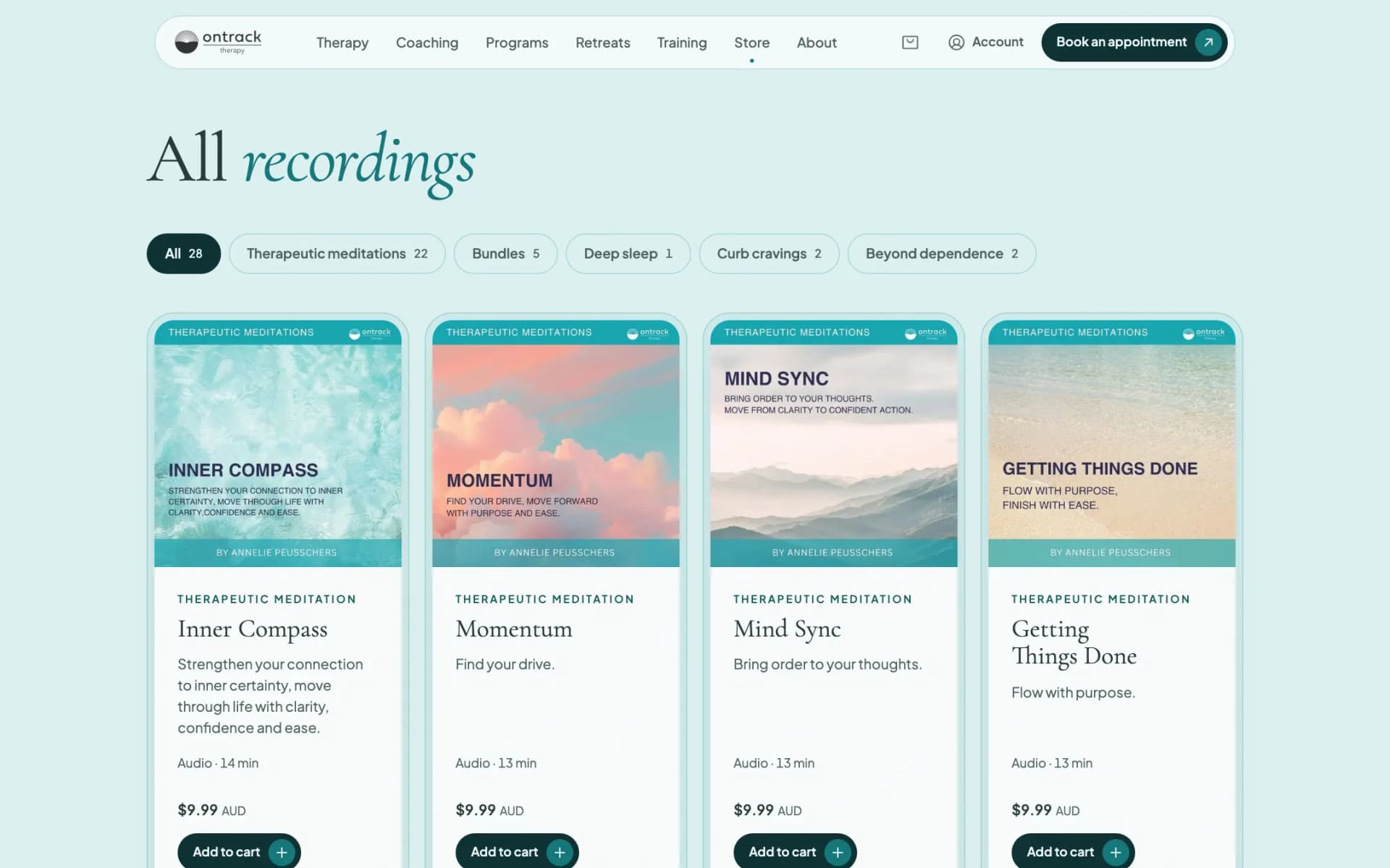 Store page 'All recordings' heading with category filter chips above a row of meditation product cards (Inner Compass, Momentum, Mind Sync, Getting Things Done) with pastel landscape cover art, prices and 'Add to cart' buttons