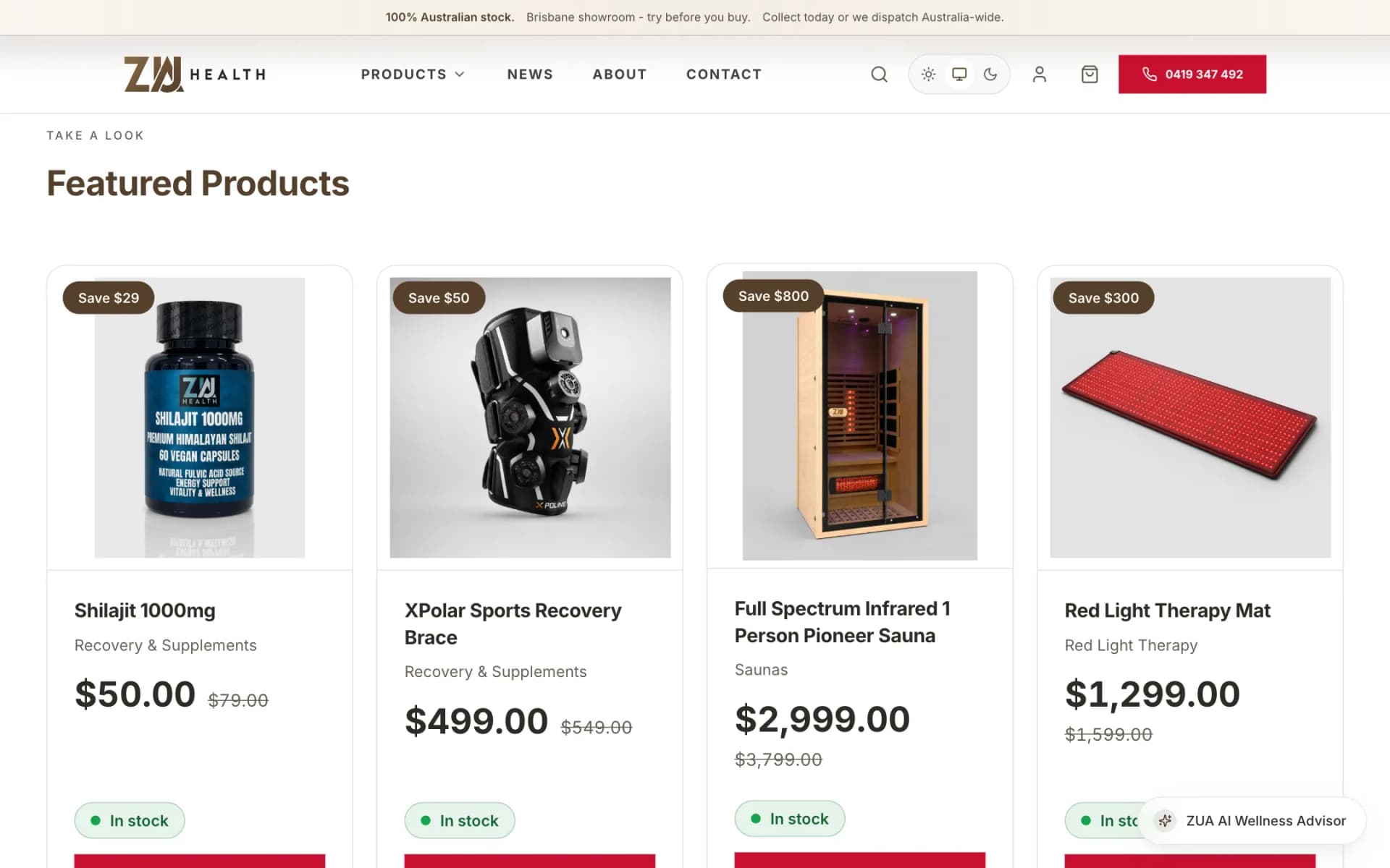 Featured Products row of four cards (Shilajit 1000mg, XPolar Sports Recovery Brace, Full Spectrum Infrared 1 Person Pioneer Sauna, Red Light Therapy Mat), each with a 'Save' badge, sale price, struck-through price, 'In stock' pill and red 'Add to cart' button