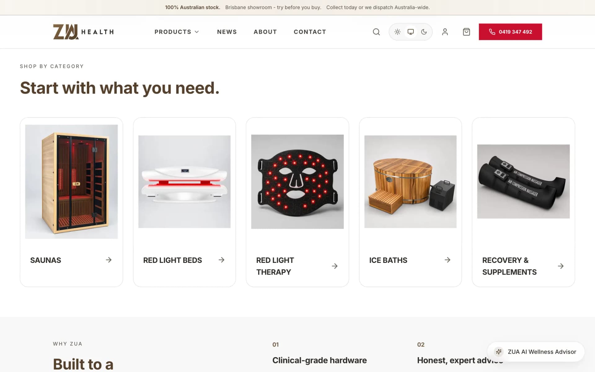 'Start with what you need.' shop-by-category grid of five cards: Saunas, Red Light Beds, Red Light Therapy, Ice Baths and Recovery & Supplements, each with a product photo and arrow