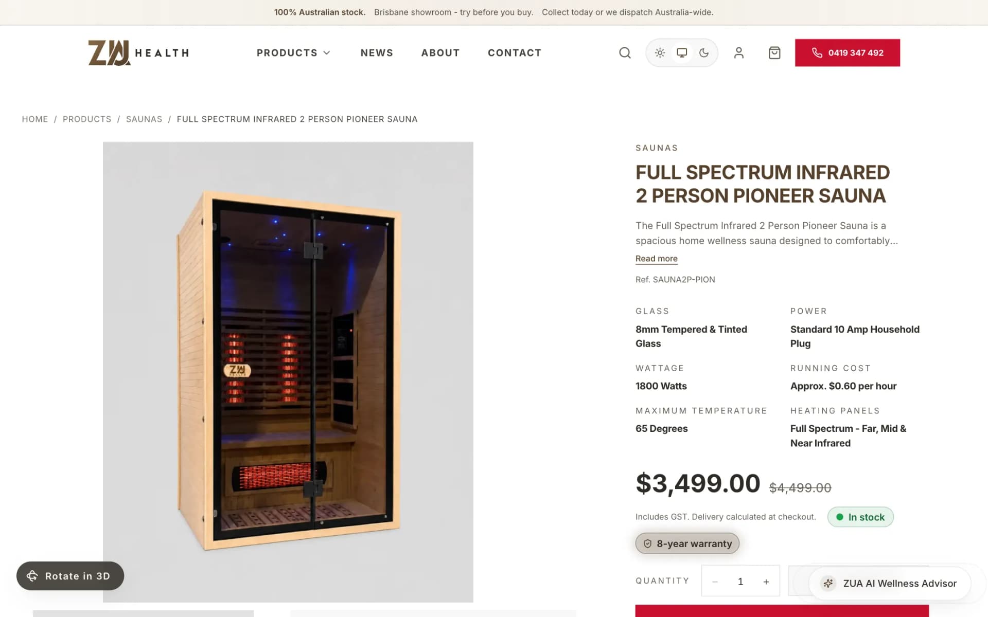 Product page for the Full Spectrum Infrared 2 Person Pioneer Sauna: large sauna photo with a 'Rotate in 3D' button, breadcrumb, title, and a specification grid listing glass, power, wattage, running cost, maximum temperature and heating panels, followed by the price, 'In stock' and '8-year warranty' badges